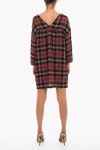 Vestito WINTER CREPE Motivo Plaid a Manica Lunga con Scollo a V