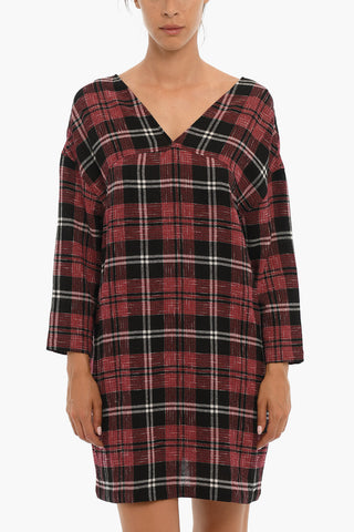 Vestito WINTER CREPE Motivo Plaid a Manica Lunga con Scollo a V