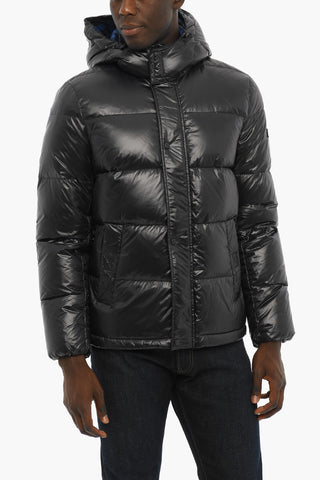 PENN-RICH Solid Color CIRE' Down Jacket with Removable Hood and Buffalo Checked Details