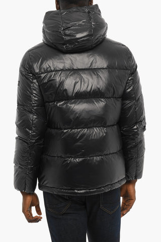PENN-RICH Solid Color CIRE' Down Jacket with Removable Hood and Buffalo Checked Details