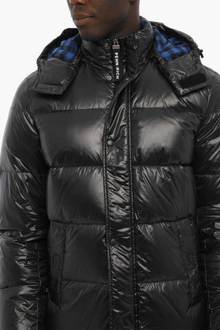 PENN-RICH Solid Color CIRE' Down Jacket with Removable Hood and Buffalo Checked Details