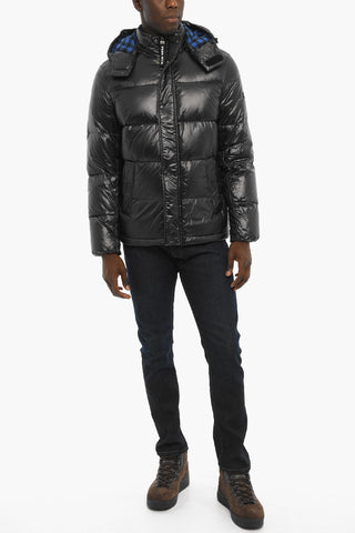 PENN-RICH Solid Color CIRE' Down Jacket with Removable Hood and Buffalo Checked Details