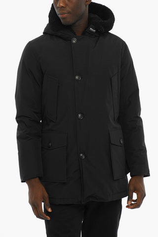Solid Color Down Jacket with Hood and Real Fur Detail