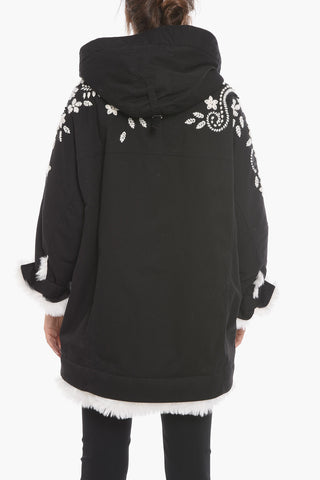 Embroidered Parka with Eco-fur Lining