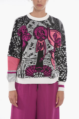 Crew Neck Wool Blend Embroidered Sweater