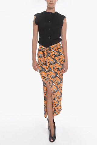Ruched Skirt with Front Slit and Self-tie Detail