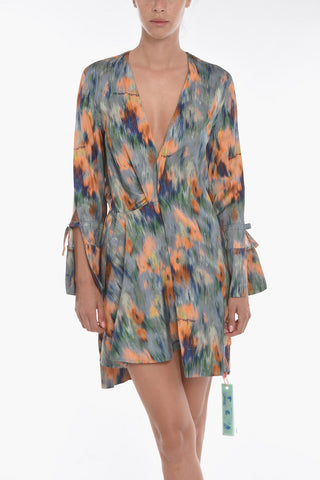 Abito Multicolor Drappeggiato con Stampa Astratta
