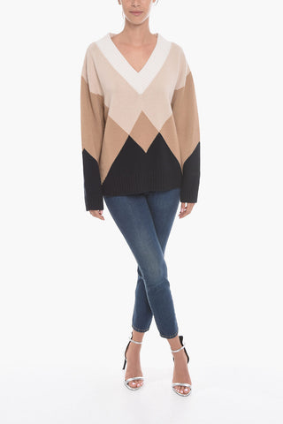 V Neck Checkered Cashmere Pullover