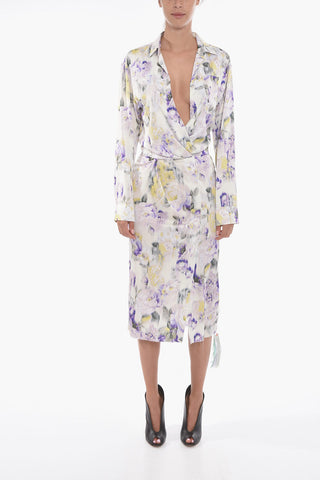 Technical-Satin Floral Midi Dress with Ruched Detail