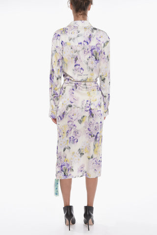 Technical-Satin Floral Midi Dress with Ruched Detail