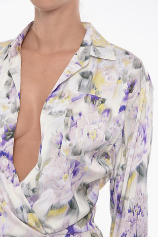 Technical-Satin Floral Midi Dress with Ruched Detail