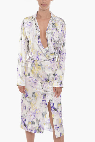 Technical-Satin Floral Midi Dress with Ruched Detail