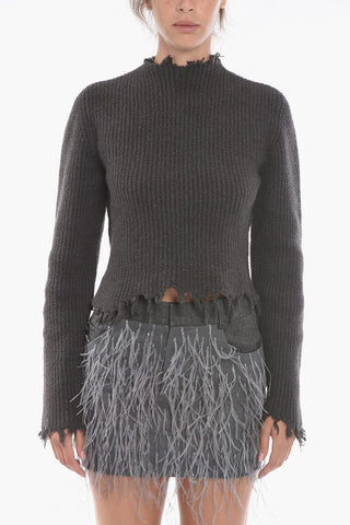 Wool Blend Crop Sweater with Distressed Edges