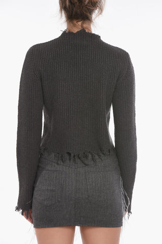 Wool Blend Crop Sweater with Distressed Edges