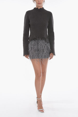 Wool Blend Crop Sweater with Distressed Edges