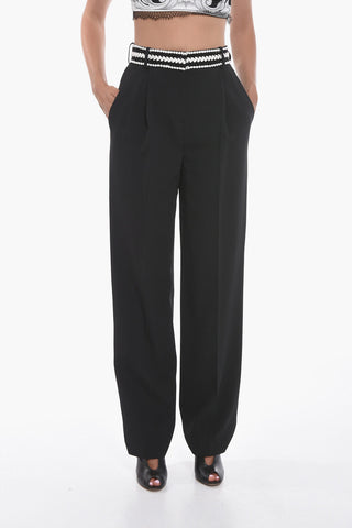 Single-pleated Pants with Embroidered Waistband