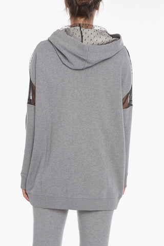 Felpa Hoodie in Cotone con Inserti in Tulle