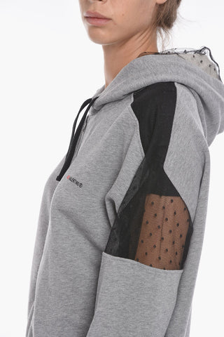 Felpa Hoodie in Cotone con Inserti in Tulle