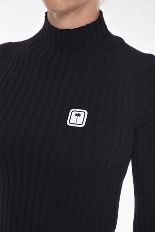 Ribbed Cotton-knit Flared Dress with Logo Patch