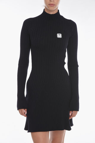 Ribbed Cotton-knit Flared Dress with Logo Patch