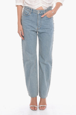 Jeans a Gamba Ampia con Applicazione Borchie