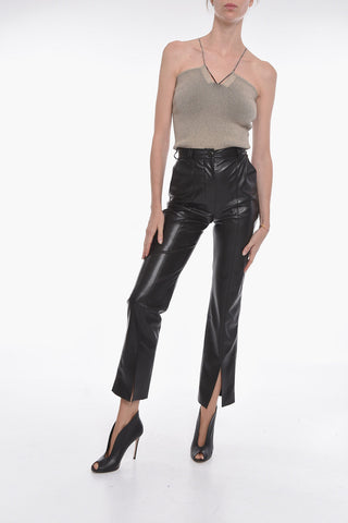 Vegan-leather High-waisted Pants with Bottom Slits