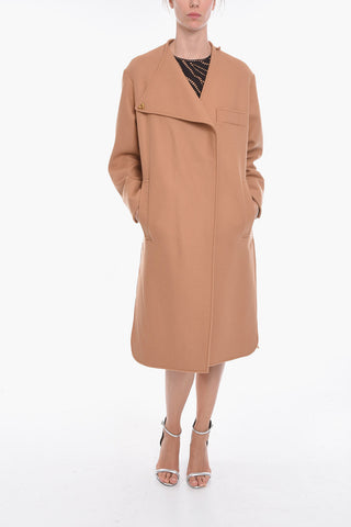 Wool-blend Coat with Asymmetric Fastening and Logoed Application