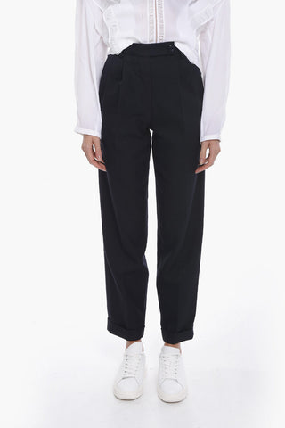 Double-pleated Cotton Blend Pants with Belt Loops