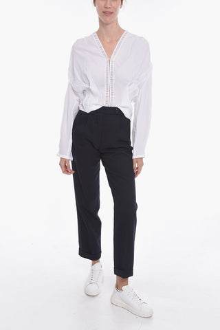 Double-pleated Cotton Blend Pants with Belt Loops