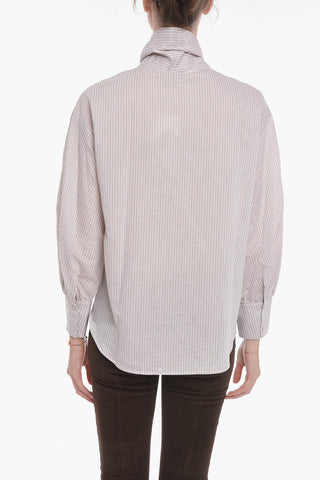 Tie Neck Shirt with Lurex Stripe Motif