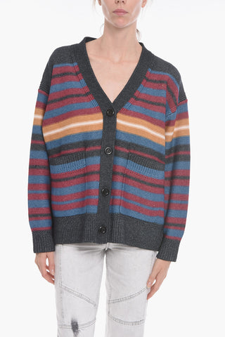 SEE BY Patch Pocket Unbalanced Stripe Cardigan