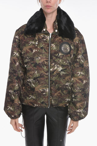 Padded Jacket with Camouflage Pattern and Eco-Fur Collar