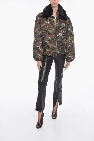Padded Jacket with Camouflage Pattern and Eco-Fur Collar