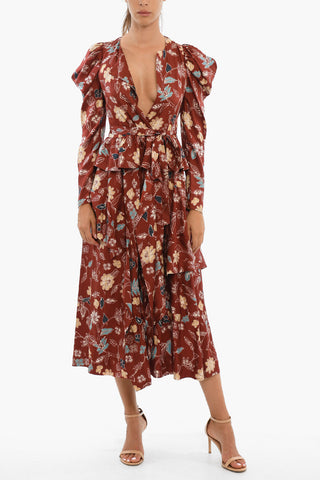 Floral-Motif Silk VIRGINIE Maxi Wrap Dress With Ruffle