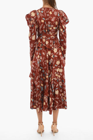 Floral-Motif Silk VIRGINIE Maxi Wrap Dress With Ruffle