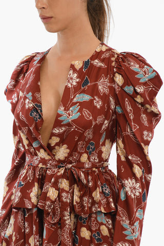 Floral-Motif Silk VIRGINIE Maxi Wrap Dress With Ruffle