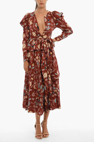 Floral-Motif Silk VIRGINIE Maxi Wrap Dress With Ruffle