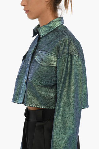Metallic Effect Cropped Denim Jacket