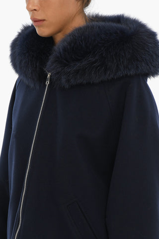 Padded Wool Zipped Coat With Fur Lined Hood