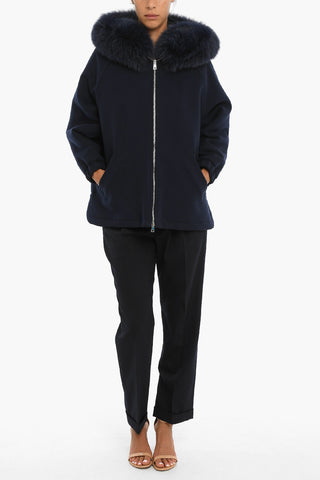 Padded Wool Zipped Coat With Fur Lined Hood