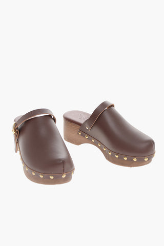 Mules In Pelle con Cinturino e Borchie Dorate 6cm