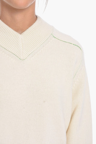 Wool V-neck Sweater with Contrasting Stitchings