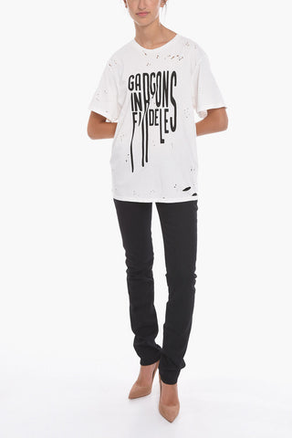 Vintage Effect Crew-neck T-Shirt with Printed Contrasting Logo