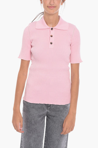 Linen-blend Ribbed Polo Sweater with Short Sleeves