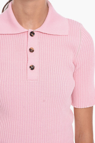 Linen-blend Ribbed Polo Sweater with Short Sleeves