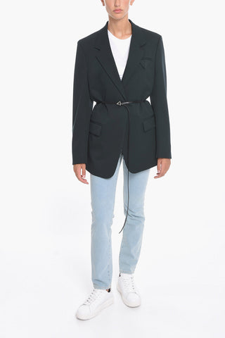 Wool Belted Blazer with Flap Pockets