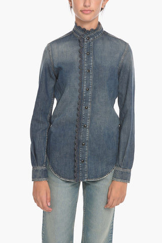 Vintage-effect Denim Shirt with Mandarin Collar