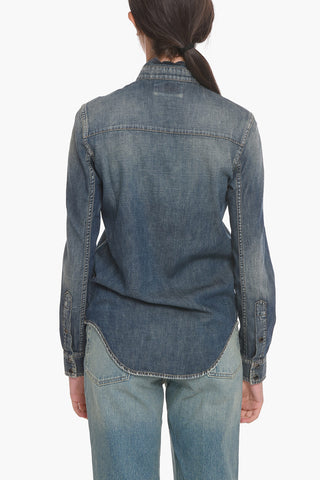 Vintage-effect Denim Shirt with Mandarin Collar