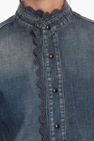 Vintage-effect Denim Shirt with Mandarin Collar