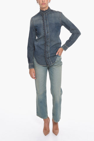 Vintage-effect Denim Shirt with Mandarin Collar